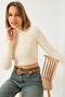 Women's Beige Zigzag Knitted High-Neck Crop Knitwear Sweater 60261185 - 3