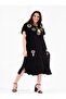 Women's Plus Size Round Embroidery Detailed Tasseled Black Dress - 4