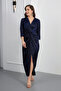 Women's Navy Blue Slim Fit V-Neck Midi Evening Dress