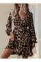 Long Sleeve Double-Breasted Neck Belted Leopard Printed Scuba Dress - Brown - 4