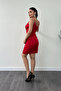 Satin Fabric Bead Detailed Dress - Red - 5