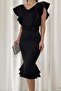 Black Flywheel Detail Scuba Fabric Belted Midi Size Fish Dress - 6