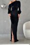 Black One-Shoulder Open Detail Velvet Fabric Maxi Long Sleeve Dress