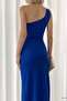 Cobalt Blue One Shoulder Imported Crepe Fabric Flounced Evening Dress - 5