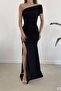 Black Crepe Fabric Strapless One-Shoulder Gather and Slit Detail Maxi Length Dress - 6