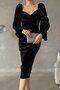 Black Princess Sleeve Slit-Detail Sweetheart Neck Midi Length Velvet Dress - 2