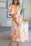 Orange Digital Printed Linen Fabric Lined Waist Gathered Midi Dress - 2
