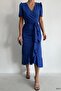 Cobalt Blue Crepe Fabric Short Sleeve Belted Midi Dress