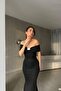 Black Madonna Collar Stone Detail Maxi Length Scuba Fabric Fishnet Evening Dress - 2