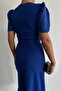 Cobalt Blue Crepe Fabric Short Sleeve Belted Midi Dress - 4