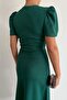 Green Crepe Fabric Short Sleeve Belted Midi Dress - 4