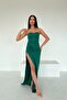 Green Heart Collar Deep Slit Detailed Scuba Fabric Dress - 3