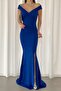 Cobalt Blue Boat Neck Imported Crepe Fabric Evening Dress