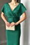 Green Belted Scuba Fabric Pearl Detailed Dress - 3