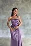 Lilac Satin Fabric Stone Detailed Maxi Length Evening Dress with Tail - 2