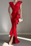 Red Double-breasted Collar Flounced Slit Detail Scuba Fabric Fishnet Evening Dress