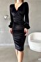 Black Velvet Fabric Long Sleeve Double Breasted Dress