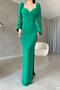 Green Princess Sleeve Slit Detail Sweetheart Collar Imported Crepe Fabric Long Sleeve Long Dress - 6