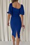 Cobalt Blue Self-Belted Crepe Fabric Short Sleeve Dress - 5