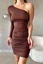 Brown Single Sleeve Gather Detail Sandy Fabric Dress - 3