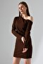 Brown One Shoulder Open Detail Imported Crepe Fabric Long Sleeve Dress - 3