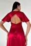 Red Back Detailed Maxi Length Short Sleeve Satin Dress - 4