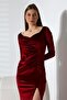 Burgundy Slit Detail Long Sleeve Velvet Dress - 3