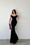 Black Crepe Fabric Short Sleeve Boat Neck Slit Detail Maxi Evening Dress - 5
