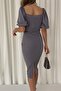 Gray Self-Belted Crepe Fabric Short Sleeve Dress - 5