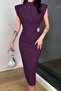 Purplish Blue Brooch Detailed Turtleneck Draped and Padded Crepe Dress - 4