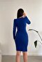 Cobalt Blue Double Breasted Collar Belted Slit Detail Long Sleeve Imported Crepe Fabric Dress - 5