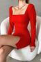 Red Square Neck Long Sleeve Slit Detail Imported Crepe Fabric Dress - 4