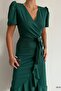 Green Crepe Fabric Short Sleeve Belted Midi Dress - 3