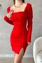 Red Square Neck Long Sleeve Slit Detail Imported Crepe Fabric Dress - 3