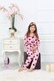 Girl's Pink Color Patterned Pajama Top and Bottom Set - 7