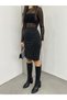 Women's Black Striped Elastic High Waist Stretchy Lycra Knitted Fitted Knee-Length Slit Skirt - 3