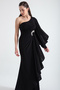 Women's Black One Shoulder Stone Detailed Long Evening Dress - 3