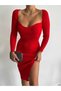 Women's Long Sleeve Heart Neck Skirt Side Slit Knitwear Dress Red