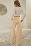 Beige Winter Thick Raised Fleece Inside High Waist Wide Leg Lace-Up Sweatpants with Hidden Pockets - 6