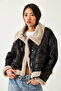 Women's Black Cream Collar Buckle Laminated Short Coat 2300 60261206 - 3