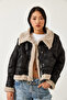 Women's Black Cream Collar Buckle Laminated Short Coat 2300 60261206 - 2
