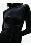 Long Sleeve Mini Velvet Dress - Stand Collar and Waist Lace-up - 5