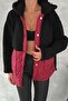Women's Burgundy Snap Button Double Pocket Hooded Quilted Coat - 5