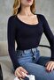 Women's Navy Blue Square Neck Long Sleeve Basic Body - 2