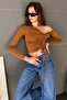 Women's One-Shoulder Open Gathered Detailed Long Sleeve Crop Blouse Cinnamon - 2
