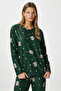 Women's Ely Premium Crew Neck Green Teddy Bear Suede Texture Christmas Pajamas Set