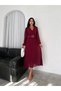 Women's Burgundy Pleated Chiffon Dress with Belt Nbk3028