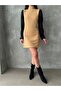 Leather Sleeves Fishnet Collar Above Knee Dress - Camel |   Vmf1143 - 4