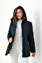 Quilted Women's Plus Size Coat Hooded Inside D Patterned Zipper and Snap Fasteners