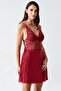 4230 Burgundy Color Satin Lace Embroidered 2-Piece Nightgown Set - 6